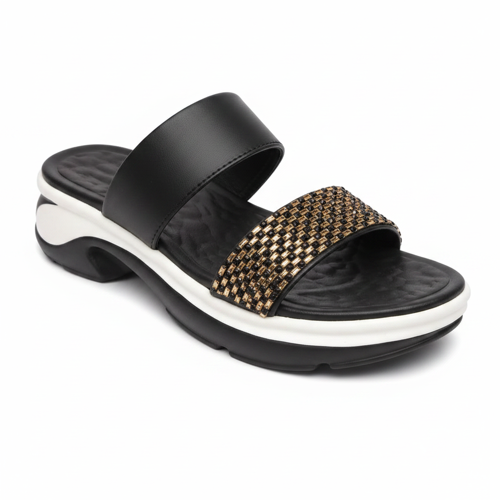 Women's Double Strap Rhinestone Slide Sandal - Black