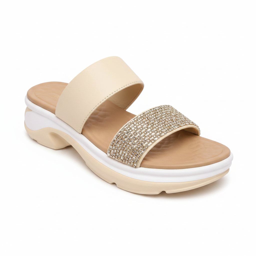 Women's Double Strap Rhinestone Slide Sandal - Cream