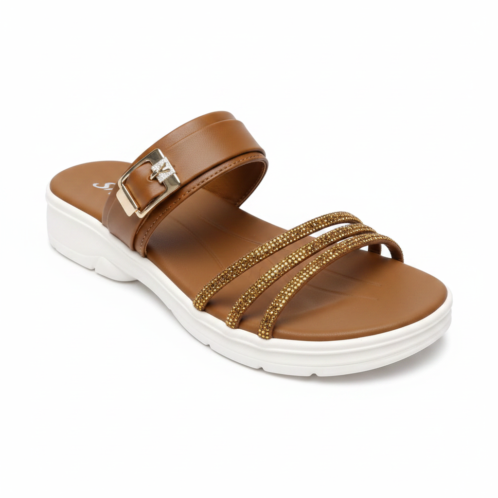 Rhinestone Strap Wedge Sandal - Dark Camel