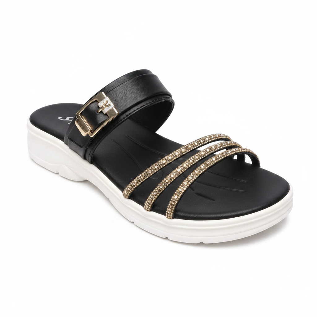 Rhinestone Strap Wedge Sandal - Black