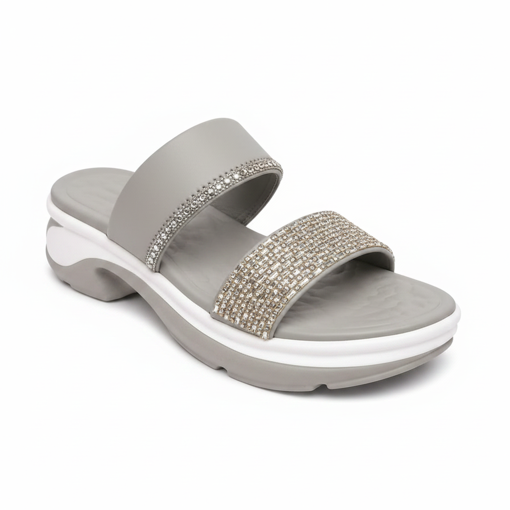 Women's Double Strap Rhinestone Slide Sandal - Grey