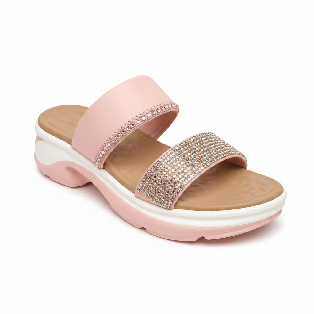 Women's Double Strap Rhinestone Slide Sandal - Baby Pink