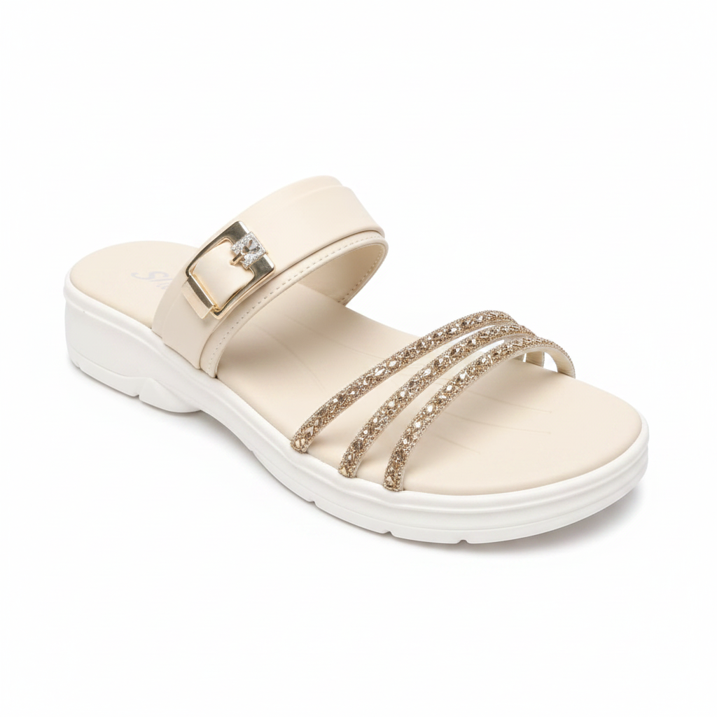 Rhinestone Strap Wedge Sandal - Cream