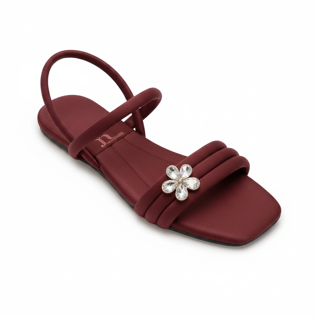 Women's Flower Jewel Flat Sandal - Maroon